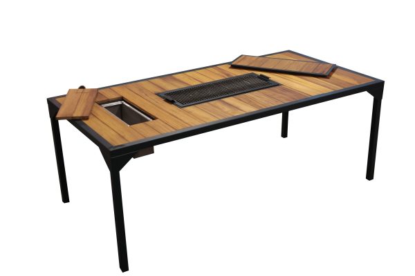 A design that meets all needs in one space with a grill table made of Iroko wood.